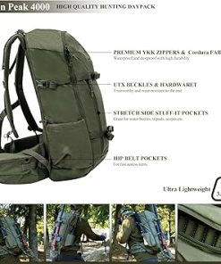 40L Green Tactical Hunting Backpack for Men with Rifle Holder,Durable, Waterproof with YKK Zippers,UTX Buckles,Hunting Pack with Rain Cover for turkey Hunting season, Hiking and Tactical 2