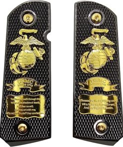 Checkered 1911 Full-Size Grips, Custom Metal Grips for Colt 1911 Pistols and All Other 1911 Full-Size, Ambidextrous, Colt Marine Black Gold Plated, Matching Screws Included