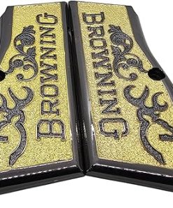 Custom Metal Gun Grips for Browning Hi-Power 9mm and Tisas Regent BR9 Gold and Black Finish, Textured Design with Deer Logo, Browning Hi-Power Screws Included 2